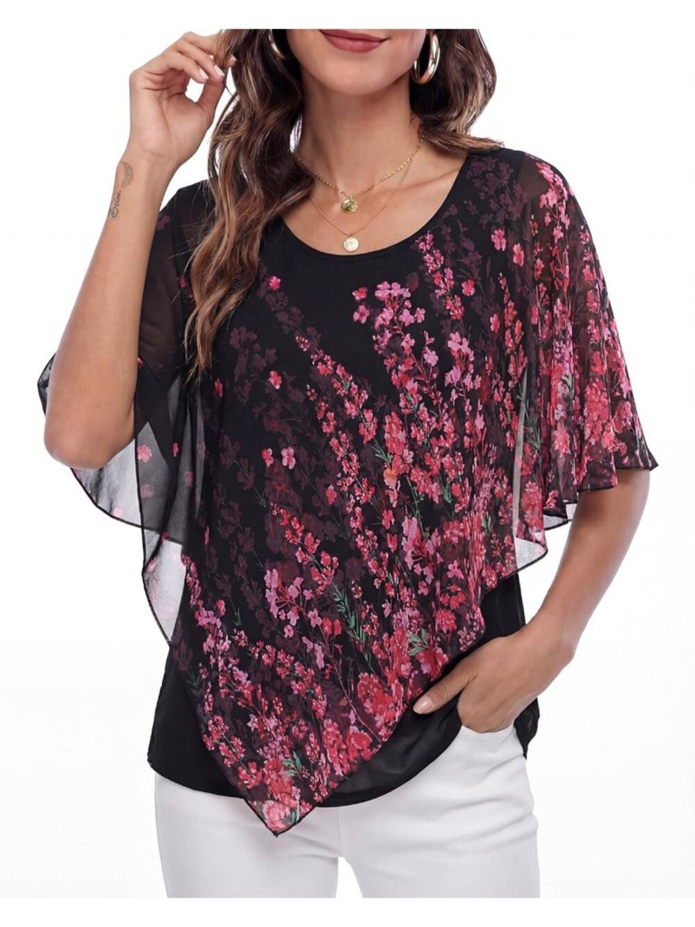 Women's Black Pink Floral Elegant Lightweight Flowy Shirt Double Layered Top